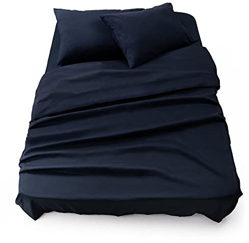 Blumtal® Bettlaken Set 3-teilig - OEKO-TEX zertifiziertes 3er Set - Spannbettlaken 180x200x30cm + Bettlaken ohne Gummizug 280x275cm + 2x Kissenbezug 50x80cm - Bettlaken & Kissenbezug - Dark Ocean Blue