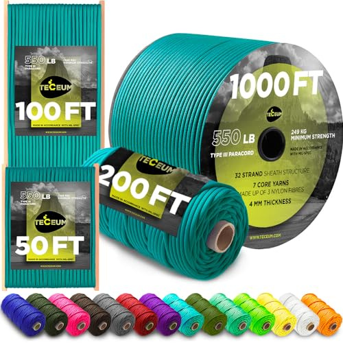 TECEUM Paracord Rope Type III 550 – Tactical MIL-SPEC – Outdoor Para Cord | Green Wave, 60m, Clothesline, Camping Fishing Gear and Equipment, DIY, Parachute Cord 4mm, Strong Survival Utility Rope