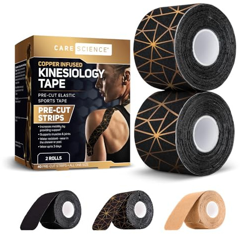 Care Science Waterproof Kinesiology Tape, 40 ct Precut Strips (2 Rolls), Copper Infused | Water Resistant Strips, Elastic Athletic Tape for Sports & Weightlifting, Muscle Strain Relief & Joint Support