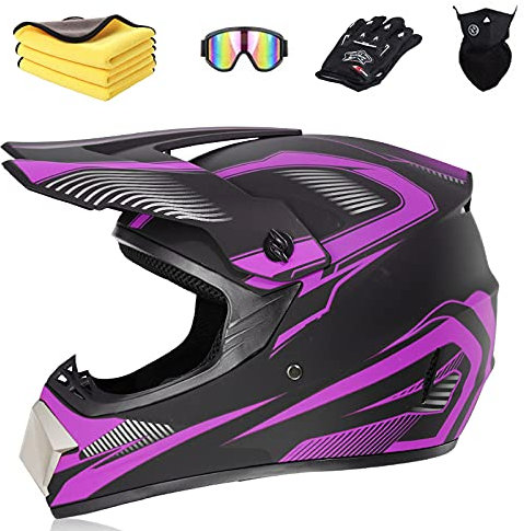 Ruiqieor Motorradhelm Motocross Helm Kinder Cross Helms Motorbike ATV MTB Freien Sport Motorcycle Helmet Set mit Handschuhen Brille,Black Purple,S:52-56cm