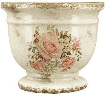 Exner Blumentopf mit romantischem Rosenmuster Creme Rosen Shabby Chic Übertopf Pokal nostalgisch antik (Übertopf Gr. M)