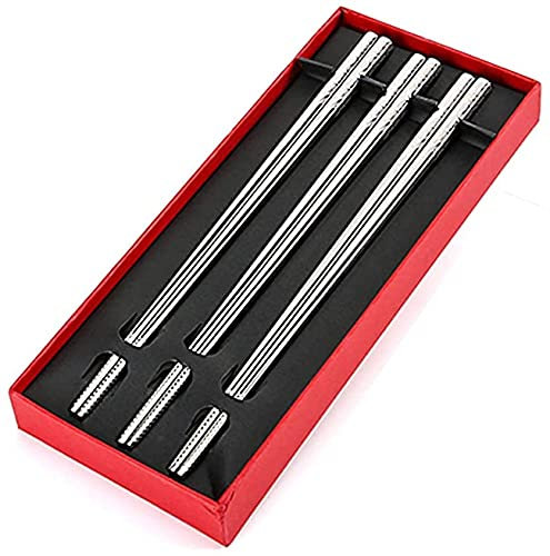 ZHANGDONG Palillos Chinos Palillos Sushi Palillos Coreanos Juego de Regalo de 3 Pares de Palillos de Metal/Palillos japoneses de Acero Inoxidable/Palillos para Caja de arroz con Fideos de Sus