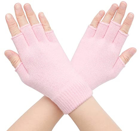 ZLYC Damen Wolle Halbfinger Handschuhe Winter Stricken Fingerlose Handschuhe(Einfarbig Rosa)