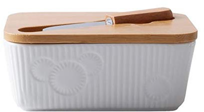 Mantequera Caja de sellado de mantequilla nórdica Placa de mantequilla de cerámica con tapa de madera Bandeja de almacenamiento Caja de contenedor de plato de mantequilla para encimera (blanco) Manteq