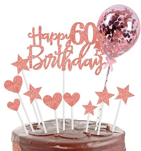 Personalised Rose Gold Cake Toppers - Happy 60th Birthday Sign for Cake, Glitter Cupcake Topper - 11p, Cake Topper 60th Birthday Party Decoration