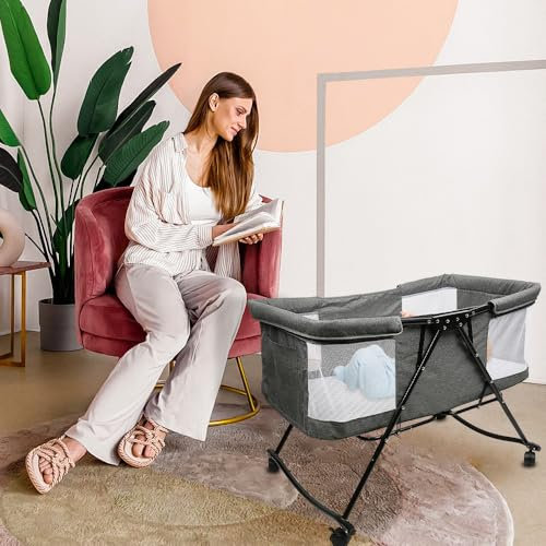 HUOLE 2 in 1 Baby Bett mit Rollen, Matratze, Beistellbett Baby und Freistehendes Kinderbett, Nachttisch Baby Krippe Faltbar,Stubenwagen Bett Netz106*92 * 55cm-grau