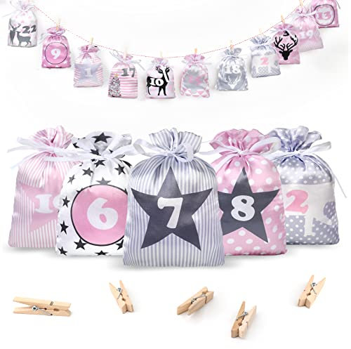 2022 Adventskalender zum Befüllen Groß (13x19cm),24 Hochwertige aus Polyester Stoffbeutel mit Zahlen, 2022 Weihnachtskalender zum selberfüllen mit Rosa Stoff Säckchen für Kinder Mädchen Frauen