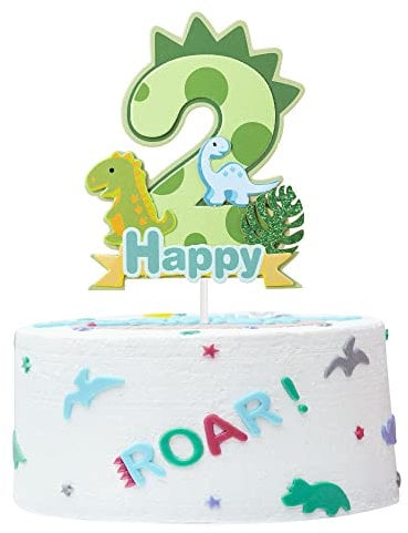 Gyufise 3Pcs Dinosaur 2nd Rex Happy Birthday Cake Topper Glitter T-Rex Second Cake Pick Baby Shower 2nd Birthday Dinosaur Theme Party Cake Decorations Supplies Green