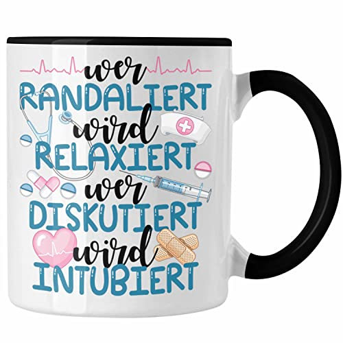 Trendation - Krankenschwester Tasse Anästhesie Geschenk Propofol Lustig Kaffeetasse Ärtzin Arzthelferin Spritze Wer Randaliert Wird Relaxiert (Schwarz)