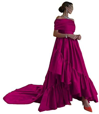 CLcaojun Vestido de noche de satén con hombros descubiertos y volantes, elegante vestido de graduación, fucsia, 44