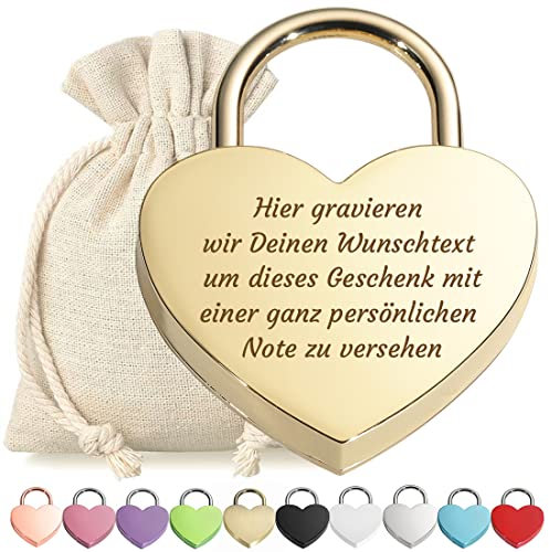 polar-effekt Herz Liebes-Schloss Bügelschloss Vorhängeschloss Gold Gravur mit Schlüssel - Wunschtext - Metall eloxiert - Geschenkbeutel - Geschenk Liebesgeschenk Valentinstag Jahrestag - Paar Ehepaar