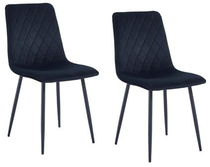 Esszimmerstühle 2er Set Schwarz – Samt Gepolstert mit Rautensteppung – Metallbeine Schwarz – Moderne & Bequeme Polsterstühle für Küche & Wohnzimmer