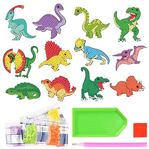 Naseom 12 Stück DIY Diamond Painting Aufkleber, Diamand Painting Set für Kinder DIY, Diamant Aufkleber Kit, Diamond Painting Kinder Mädchen (Dinosaurier)