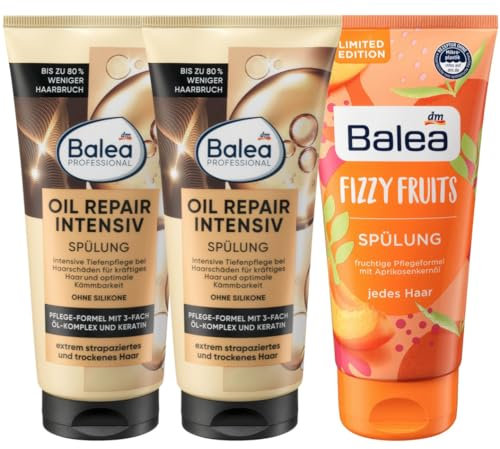 Balea 3er-Set Haarpflege: Professional SPÜLUNG OIL REPAIR Intensiv Conditioner strapaziertes trockenes Haar (2 x 200 ml) + Haarspülung FIZZY FRUITS mit Aprikosenkernöl & Provitamin B5 (200 ml) 600 ml