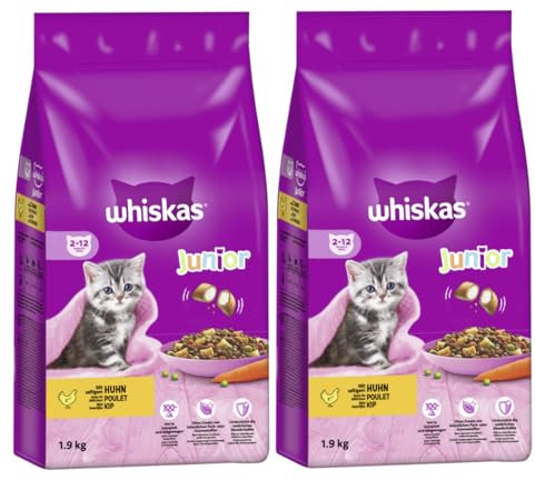 WHISKAS Beutel Katzenfutter Trockenfutter (2X 1900g, Junior mit Huhn)