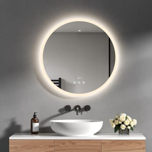Heilmetz Badspiegel mit Beleuchtung Rund 60cm, LED Badezimmerspiegel mit Bluetooth, Uhr, Antibeschlag, Touch, 4300K Warmweiß Licht, Spiegel mit Beleuchtung für Bad