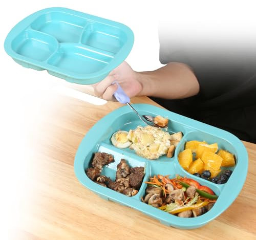 Ehucon Auslaufsicherer Servierteller für Zittern, Demenz, Schlaganfall, Melamin, geteilter Teller für ältere Menschen, Parkinson bis zum Selbstfüttern, rutschfestes und beschwertes Geschirr mit vier