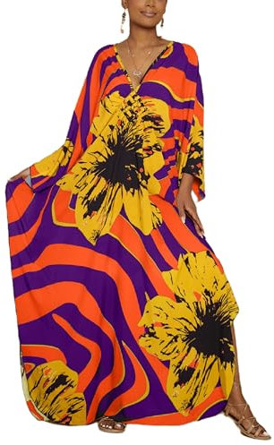 Bsubseach Robes Kaftan pour Femmes Maillot De Bain De Plage Grande Taille Cover Up Col V Robe Caftan Loungewear Fleurs Jaunes