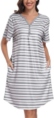 Lovasy Camicia da Notte Donna Cotone con Bottoni Camicia da Notte Estiva Manica Corta Sottoveste Elegante con Scollo a V e a Righe Pigiama Donna con Tasche Laterali C Grigio e Rosa XL