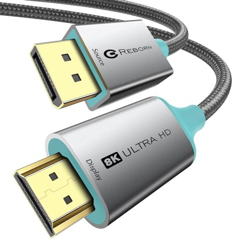 Reborn DisplayPort to HDMI Cable 8K@60Hz 4K@144/120Hz 6FT Uni-Directional Active DP 1.4 Source to HDMI 2.1 Braided Cord Display Port Cable Support HDR,HDCP2.3,DSC1.2a,32.4Gbps for AMD,NVIDIA