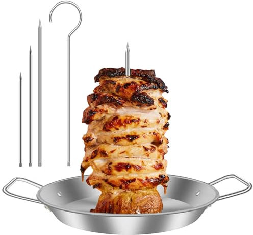Vertical Kebab Skewer Stand Stainless Steel Chicken Skewers Vertical Skewer Grill Rack with 3 Different Sizes Spikes for Whole Chicken Fish Sausage Steak (Silver + Hook)