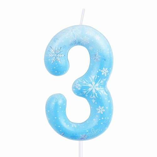 Schneeflocke Zahl Geburtstagskerzen, Blau Weiß 3 Geburtstag Kerze für Kuchen Mädchen, Frozen Nummer 3 Kerzen, Weiß Frozen Snow Candle Cake Topper für Frozen Themed Geburtstag Dekorationen Party