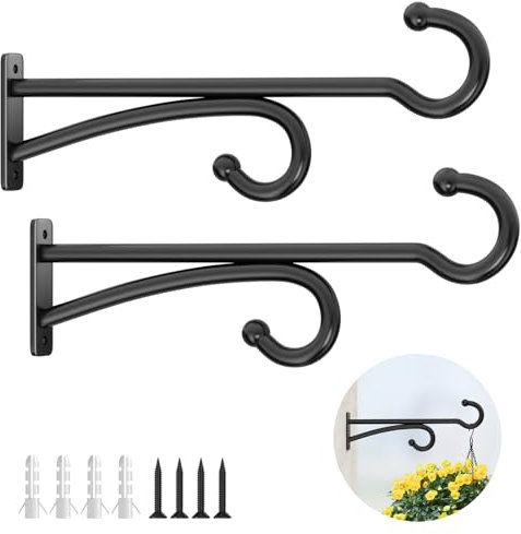 36cm Plant Hanger Hook Outdoor Indoor – Planter Hooks for Hanging Plants, Plant Wall Hooks, Brackets for Hanging Plants, Baskets, Wind Chimes, Bird Feeders, Lanterns, Bird Houses (Black, Metal, 2Pack)
