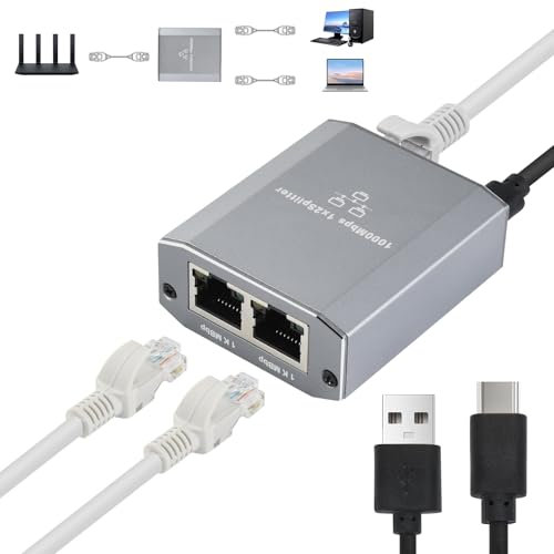 ELUTENG Switch Ethernet 2 Porte 1000Mbps Switch di Rete LAN RJ45 1 a 2 con Cavo USB C, Sdoppiatore Ethernet di Rete Gigabit pour Ordinateurs/Commutateurs/Routeurs/Boîtiers Décodeurs/Téléviseurs/ADSL