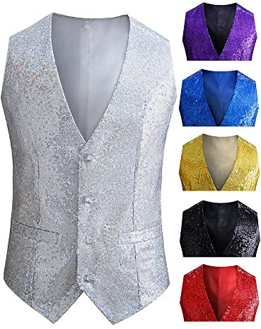 Weste Herren Pailletten 70er Ärmellos Glitzer Weste Mantel Disco Karneval Kostüm Pailletten Pailletten-Anzugweste für Herren V-Ausschnitt einfarbig Glitzer-Weste mit Fliege für Party Club (12-Red, M)