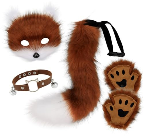 ISAKEN Fuchsschwanz Kunstpelz Flauschige Fox Plüsch Maske, Tierohren Stirnband Schwanz Pfote Handschuh Set, Cosplay-Kostüm-Set, Fuchs Katze Cosplay Für Frauen