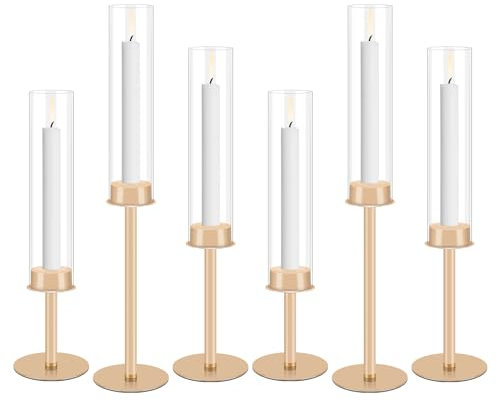 Gugxiom 6Pcs Gold Kerzenhalter, Glas Hurricane Kerzenhalter Gold, Kerzenhalter für Stumpenkerzen, für Haus Dekoration, Hochzeit, Essen, Party Dekorativ