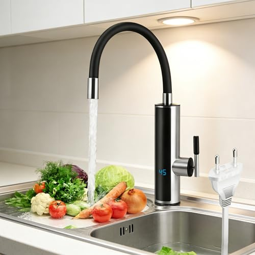 Wasserhahn mit Durchlauferhitzer Küche, 3000W Elektrische Heizung Wasserhahn, LED Temperaturanzeige Küchenarmatur, 360º Drehbarer Silikonschlauchhahn, 304 Edelstahlgehäuse Wasserhahn, Silber+Schwarz