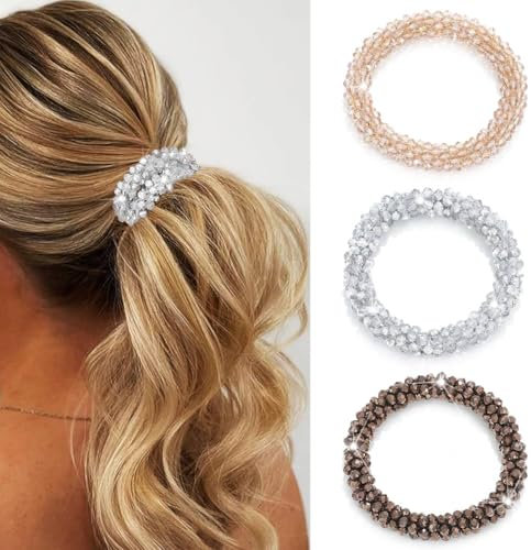 Yamobi 3 Stück Haargummis mit Strasssteinen, Kristallen und Champagner, elastische Haarbänder, glitzernde Haargummis, dekorative Haar-Accessoires für Mädchen