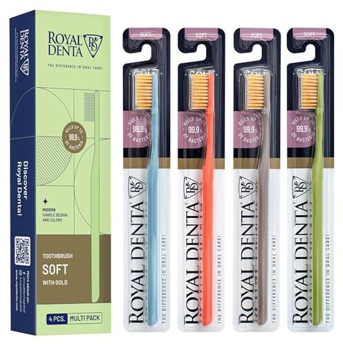 Royal Denta Gold Zahnbürsten mit weichen Borsten, 4 Stück, doppelte Länge, Borstenzahnbürste für empfindliche Zähne, Goldpartikel gegen Bakterien, modernes Design, mehrfarbig