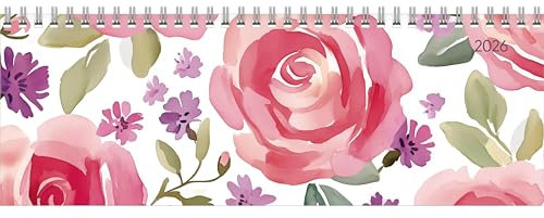 Zettler Tisch-Querkalender Style Rosen 2026 – Büro-Planer 30x11 cm, Wochenkalender mit 1 Woche auf 2 Seiten, deutschsprachigem Kalendarium, Ringbindung & Notizbereich