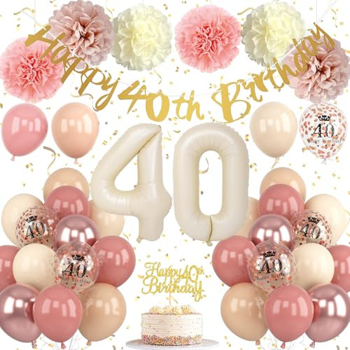 Froova 40th Birthday Decorations for Women Retro Blush Pink Birthday Balloons Happy 40th Banner Cake Topper Pom Pom Nude Rose Gold Number 40 Balloon for Her 40 Years Old Bday Party Decoration Supplies