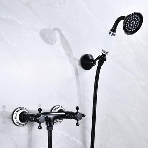 Robinetterie de Bain Vintage avec Douche, mitigeur de Douche Mural en Laiton à Double Levier, Noir Antique