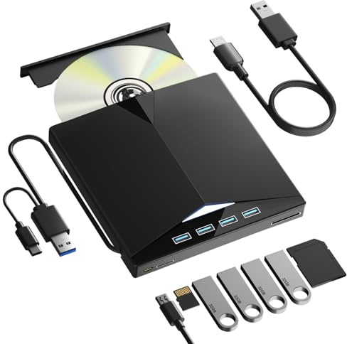 Yaeonku 7 in 1 CD DVD External Drive for Laptop, High Speed USB CD Drive | External CD/DVD Drive for Laptop Slim & Lightweight for on-the-go Use，CD Reader with 4 USB Ports and TF/SD Card Slots