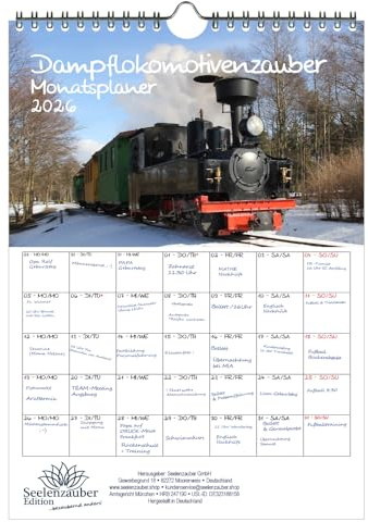 Dampflokomotivenzauber Planer DIN A4 Kalender für 2026 Eisenbahn - Geschenkset Inhalt: 1x Kalender 1x Weihnachtsanhänger 1x Grußanhänger (gesamt 3 Teile)