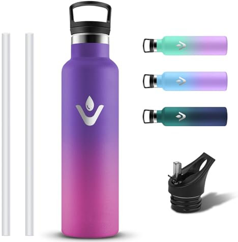 Grsta Botella Agua Acero Inoxidable 750ml, Botella Termica a Prueba de Fugas, Cantimplora Termica con Pajita y Filtro, Reutilizable Termo con 2 Tapones sin BPA para Escuela, Oficina, Hogar