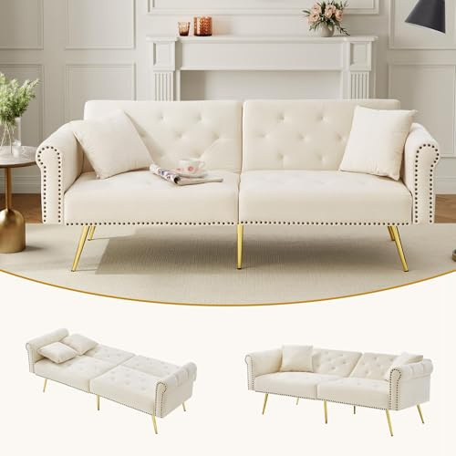 Merax Modernes 2-Sitzer Schlafsofa, 173x75x70cmm, mit Samtbezug, 3-stufig Verstellbarer Rückenlehne, Metallfüßen, verstecktem Stauraum, für kleine Räume, inkl. 2 Kissen, platzsparend, Beige