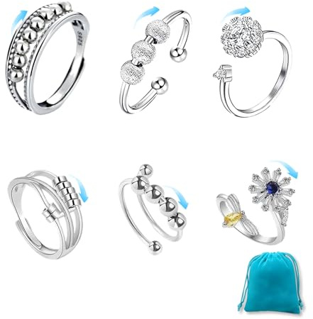 7 Stück Anti Stress Ring, Anxiety Ring, Antistress Ring, Anxiety Ring Silber, Fidget Ring Für Stressabbau, Verstellbarer Spinner Rings Mit Kugeln, Trendiger Schmuck Für Frauen Als Geschenk