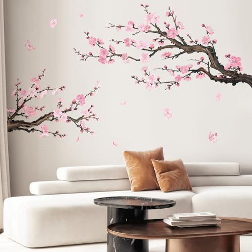 SHUCHING Adesivi Murali Fiore Rosa, Adesivi da Parete Vinile Ramo di un Albero, Decorazione Murale per Cucina Soggiorno Bagno Cameretta Ufficio