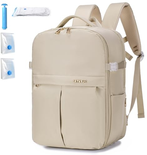 SPAHER Reiserucksack Handgepäck 40x30x25 Eurowings mit 2 Vakuumbeutel Laptop Rucksack 15,6 Zoll mit Laptopfach Business Arbeit Herren Damen Schulrucksack für Teenager Notebook College,Beige
