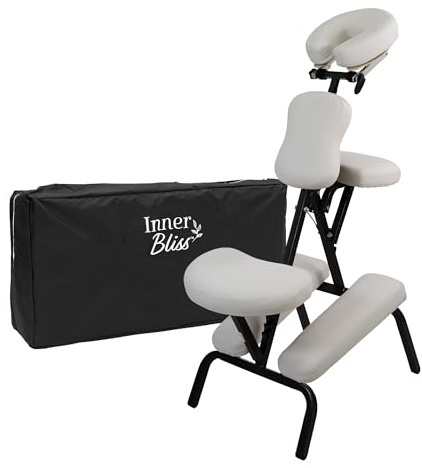 Inner Bliss Adjustable Massage Chair Foldable Therapy Chair with Carry Bag | Extra Thick Padding, Ergonomic Frame, Removable Headrest and Armrest | Portable Salon Tattoo Physio (White)