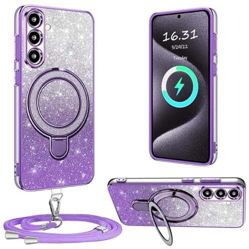 XCYYOO Coque avec Cordon pour Samsung Galaxy A55 5G avec Support,Protection Transparente Crystal Glitter Sequins Silicone avec Collier Antichoc Étui pour Samsung A55 5G Housse,Violet