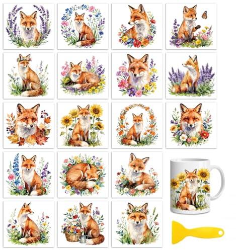 Peacoblue Rub on Aufkleber,Fuchs und Wildblumen Transfersticker UV DTF | 18 Blatt wasserfeste UV DTF sticker Rub On Folien für Holz, Glas, Metall, Becher, Spiegel und DIY Wohndekoration