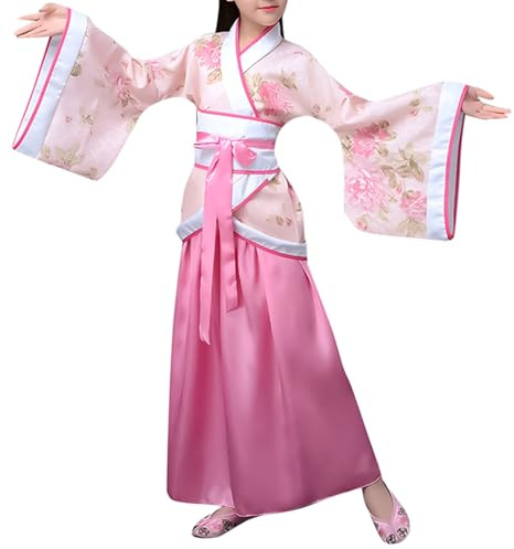 Déguisement Chinois Fille Hanfu Traditionnel - Robe Princesse Fée Dynastie Tang avec Manches Larges & Ceinture, Costume Ancien Enfant pour Carnaval, Nouvel An, Halloween & Spectacle Danse (10-12Years)
