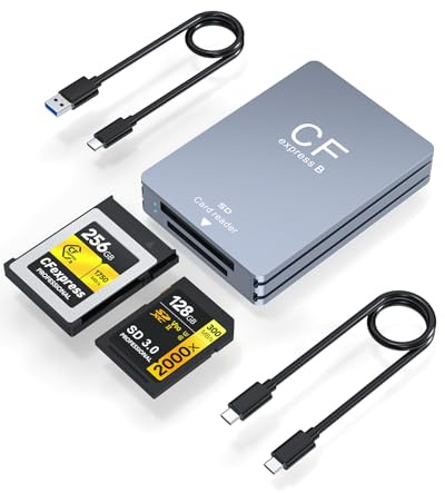 CFexpress Type B/SD Dual-Slot Memory Card Reader, 10Gbps USB 3.2 Gen 2 Type B CFexpress Adapter Camera Card Reader with USB C to USB C/USB A Cable, Compatible with Windows/Mac/Linux/Android, Grey