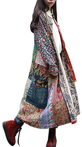 LZJN Women's Trench Coat Floral Print Jacket Chinese Style Patchwork Outwear(B,One Size)